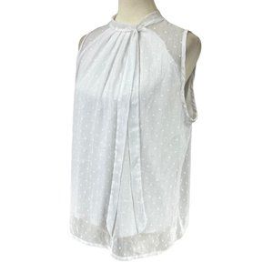 Luna Rae Women's White Sleeveless Tie Mock Neck Swiss Dot Shirt‎ Top Blouse Sz L